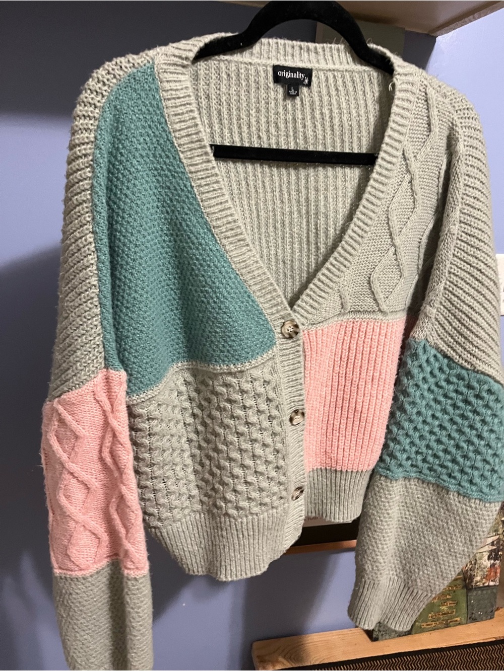 Originality Patchwork Cable Knit Cardigan - Mint, Blush & Cream